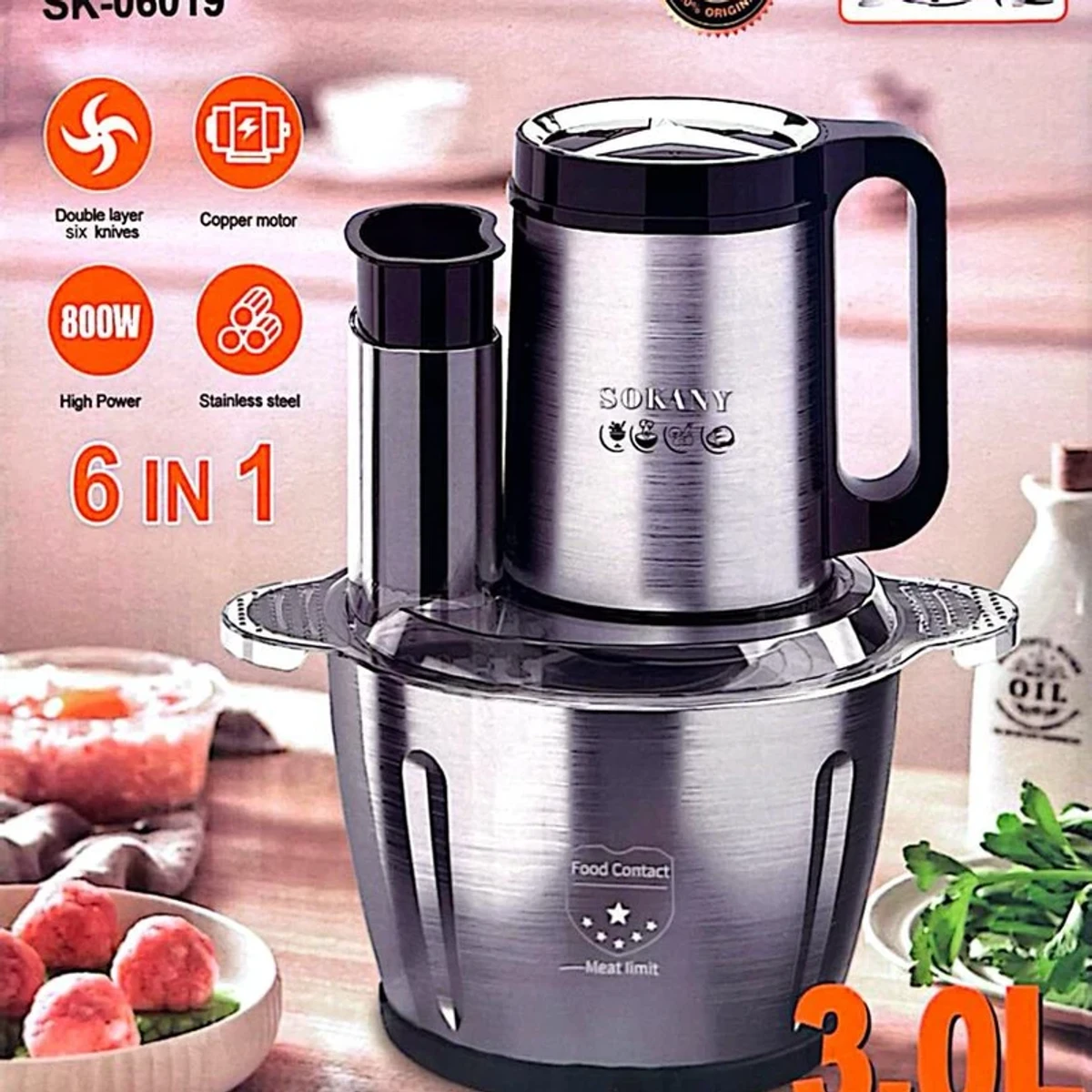 Sokany 6in1 Stainless SK-06019 Steel Wonder Chopper 3 Ltr