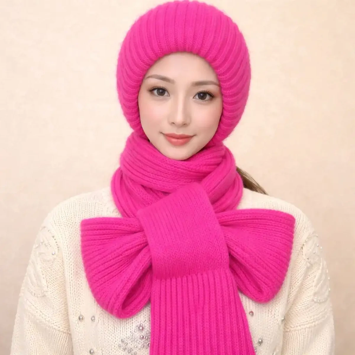 Winter Protection Windproof Cap with Scarf ( Hot Pink)
