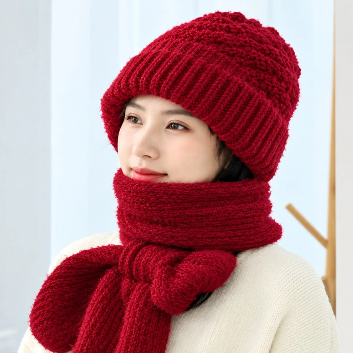 NEW Winter Protection Windproof Cap with Scarf (Wine Red)