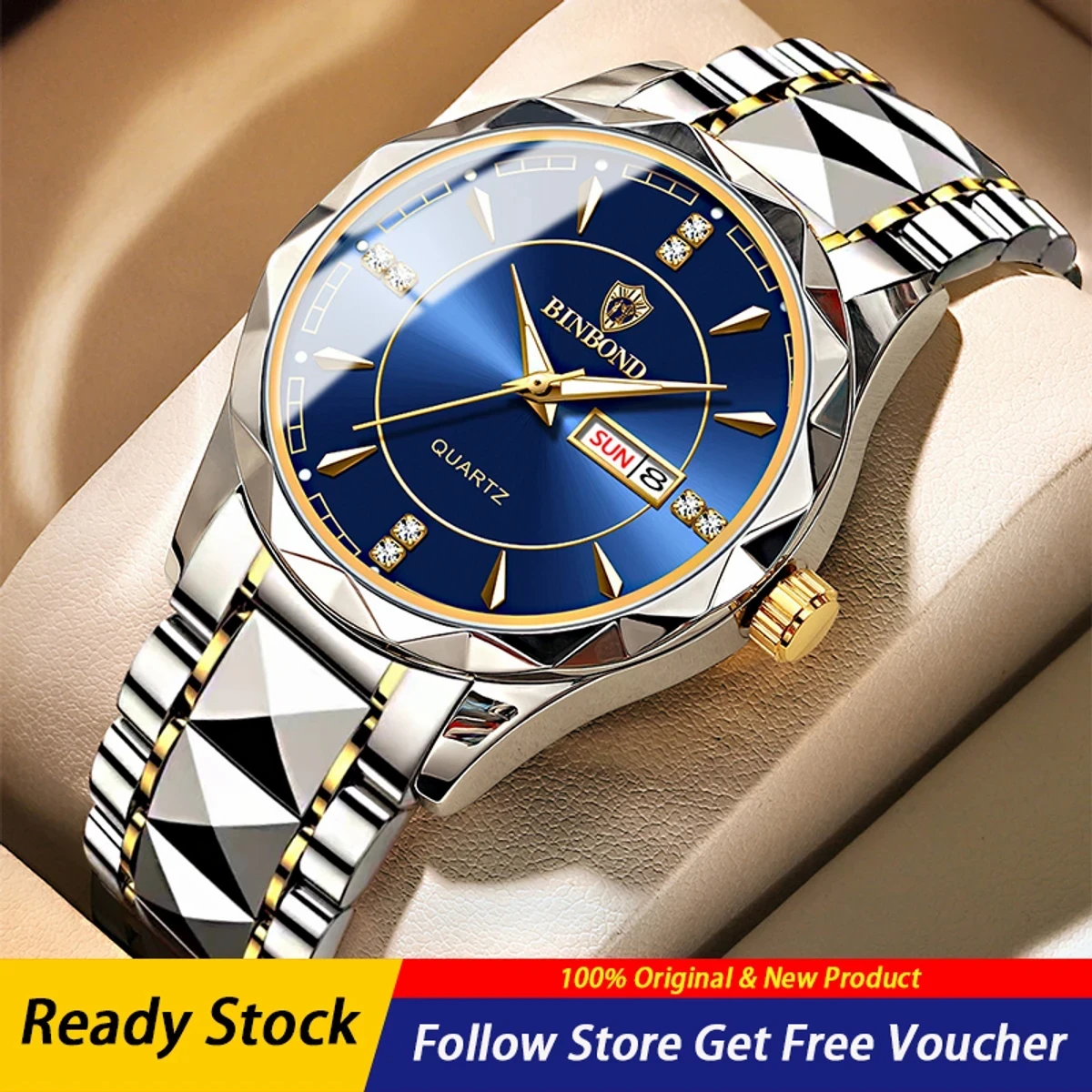 2026 New BINBOND Men's Watch Luxury Brand Business Gold Watch Waterproof Dual Calendar Luminous Stainless Steel Men's Quartz Wrist Watch