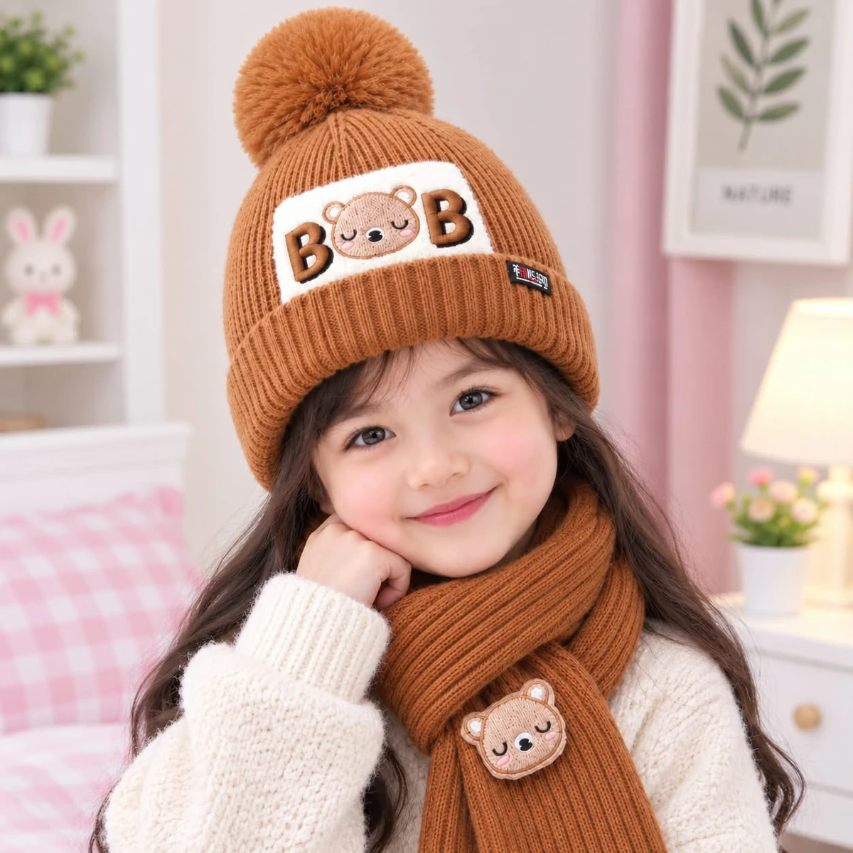 Baby Winter Cap With Maflar Boys & Girls(Brown)