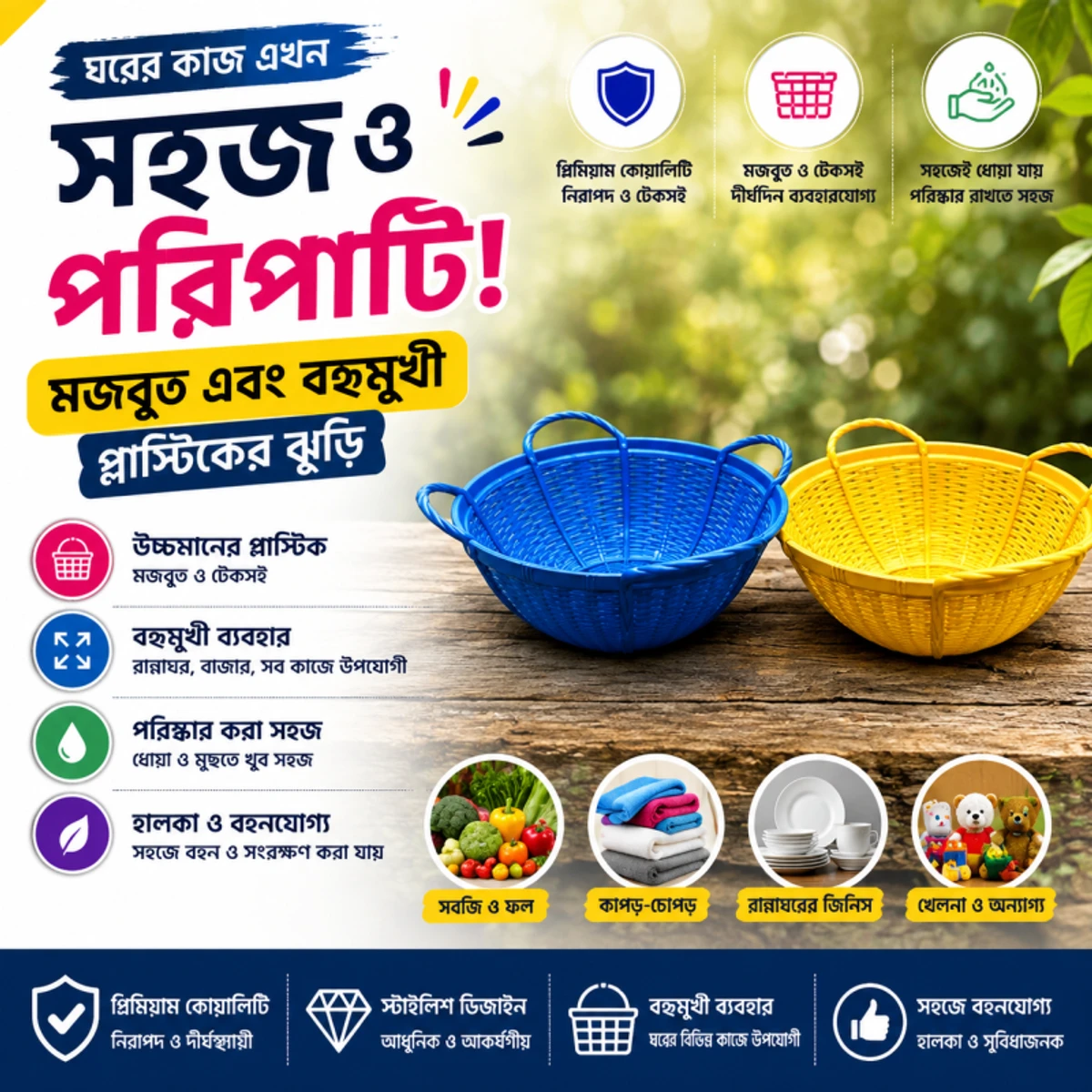 (মাঝারি সাইজের ) ২ পিস টেকসই মাল্টিপারপাস প্লাস্টিক ঝুড়ি