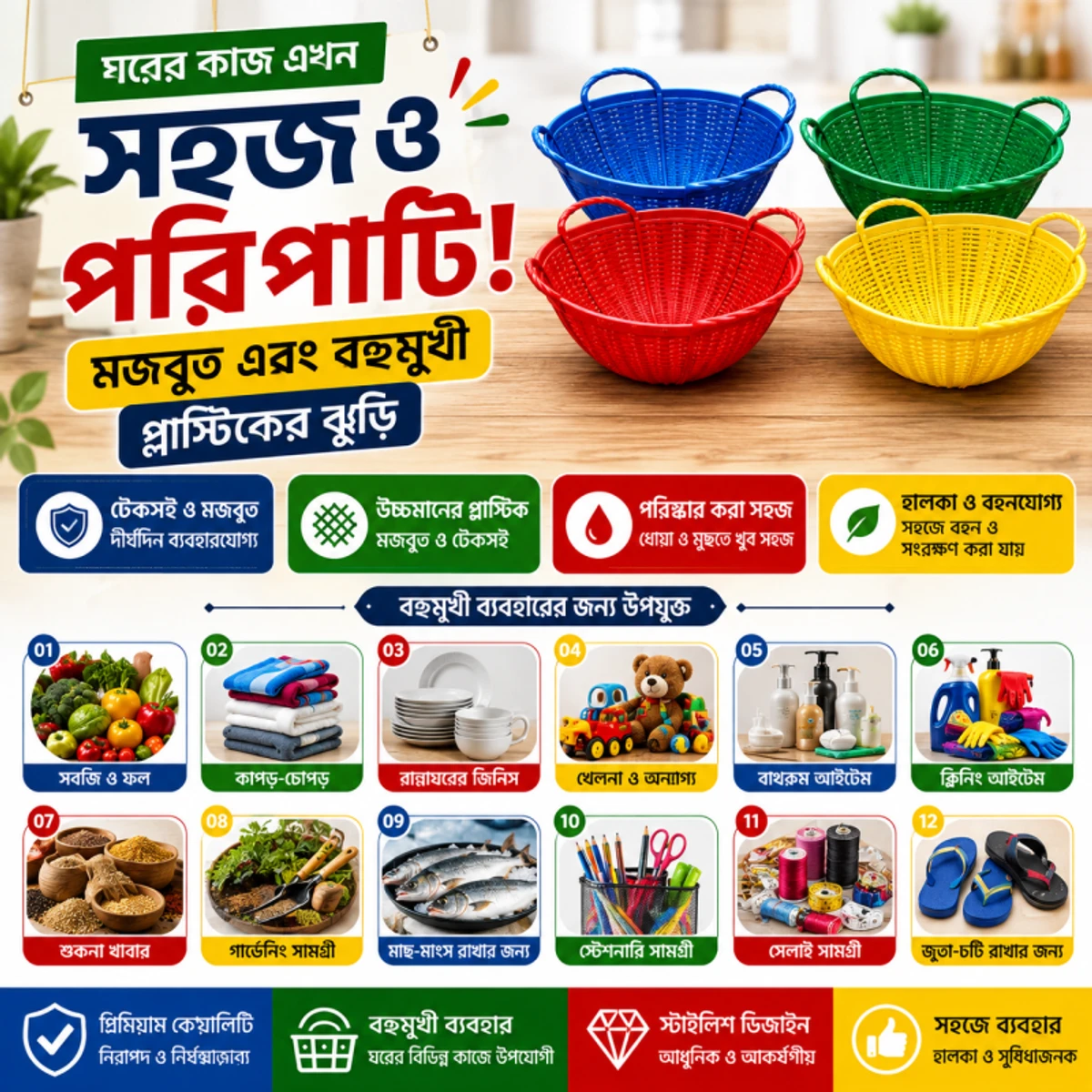 (বড় সাইজের ) 3 পিস টেকসই মাল্টিপারপাস প্লাস্টিক ঝুড়ি