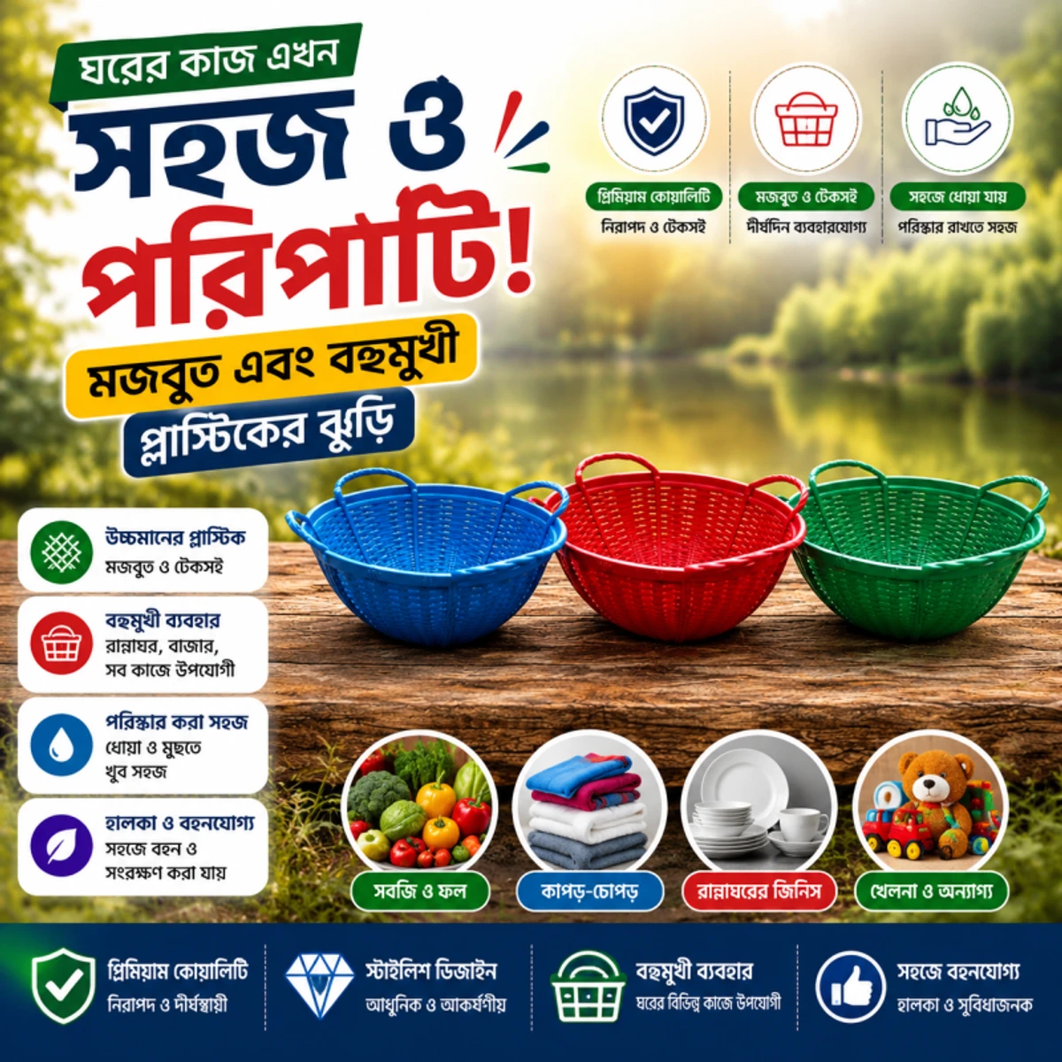(মাঝারি সাইজের ) ৯ পিস টেকসই মাল্টিপারপাস প্লাস্টিক ঝুড়ি