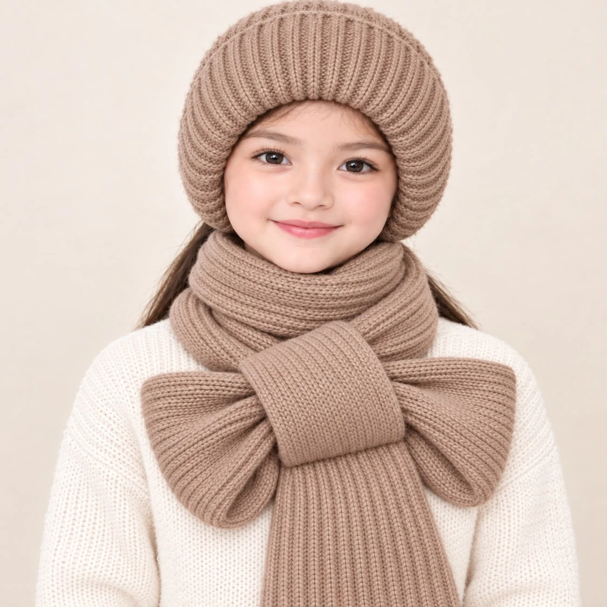 ১-১২ বছরের মেয়ে বাচ্চাদের Winter Cap With Scarf (Brown Colour)