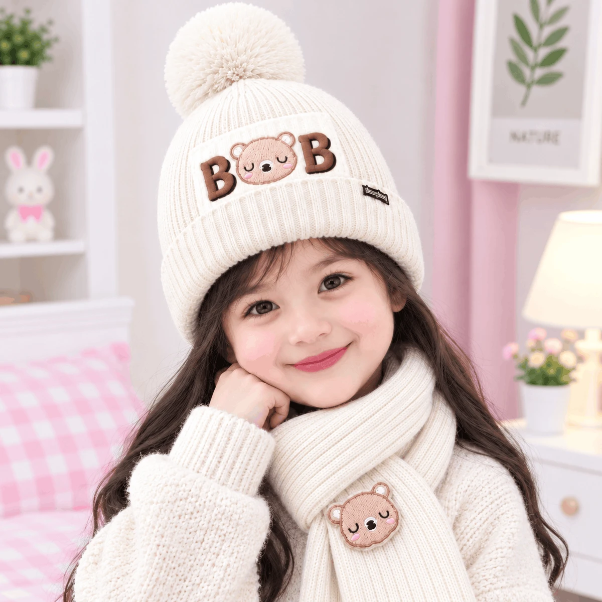 Baby Winter Cap With Maflar Boys & Girls(off white)