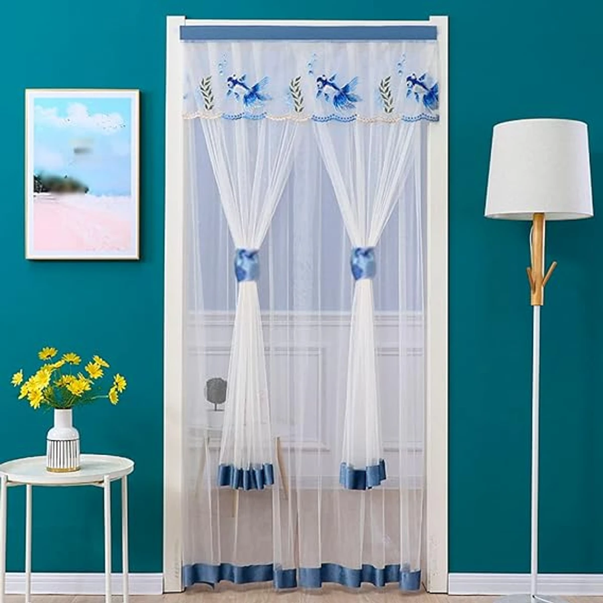 Double Layer Lace Embroidered Door Curtain blue & white colour