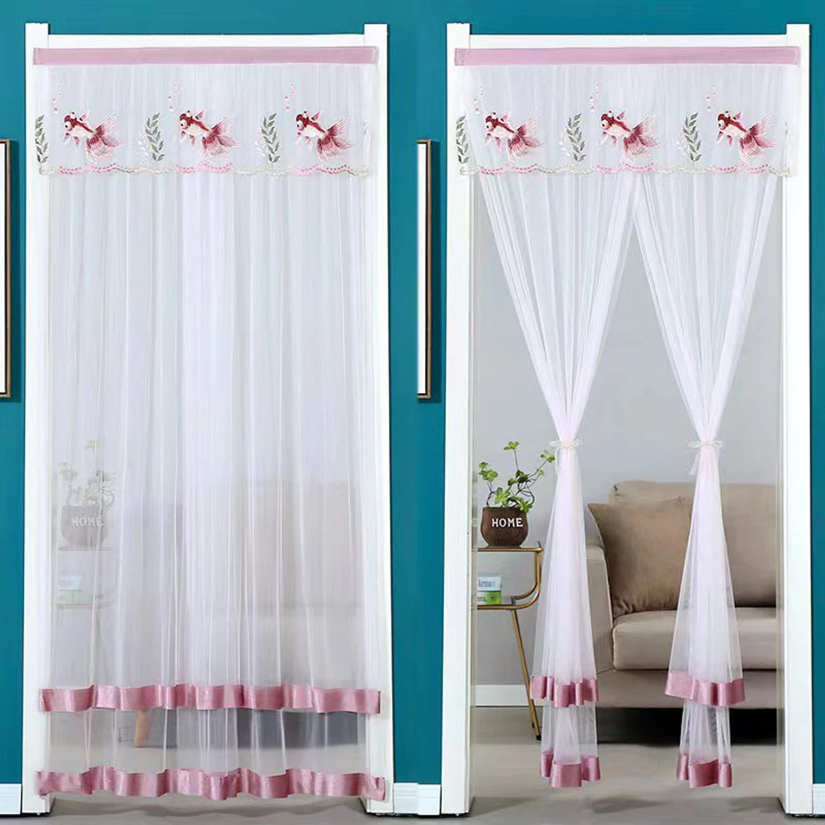 Double Layer Lace Embroidered Door Curtain pink &  purple colour